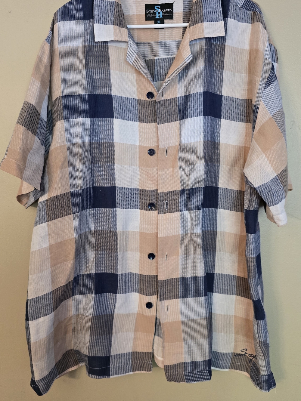 Steve Harvey Short Sleeve Button-Down Plaid Shirt - Blue & Tan